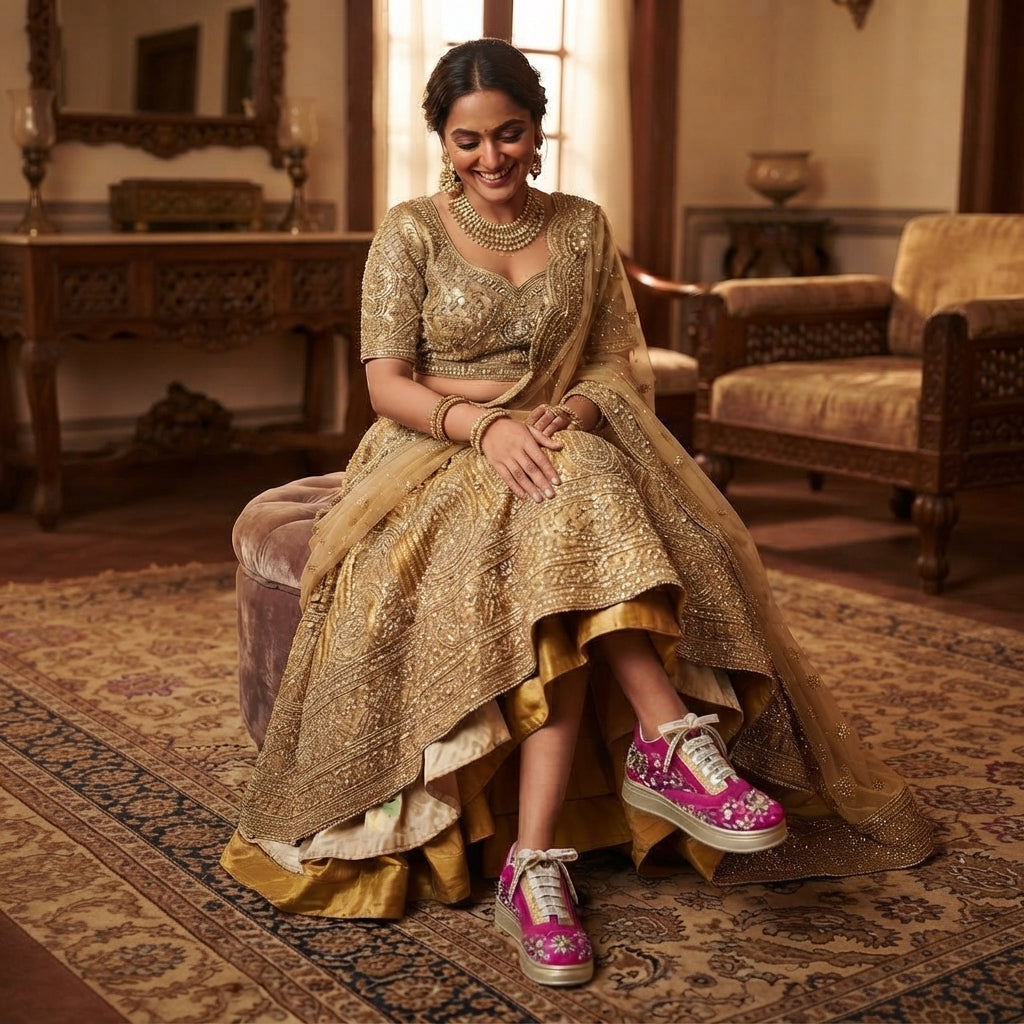A woman sits on a velvet stool in an ornate traditional room, wearing a heavily embroidered gold lehenga choli set with a sheer dupatta. She is wearing pink and white embroidered sneakers.