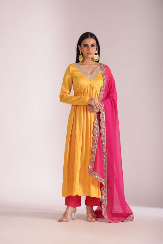 Mastani Sunshine Chanderi Anarkali and Pant with dupatta- set of 3