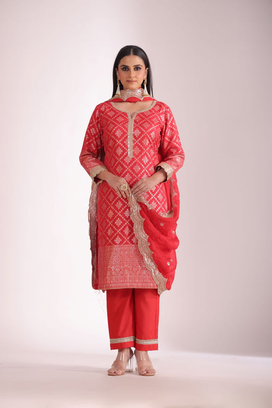 Noorika Red Chanderi Kurta with Pant and dupatta- set of 3