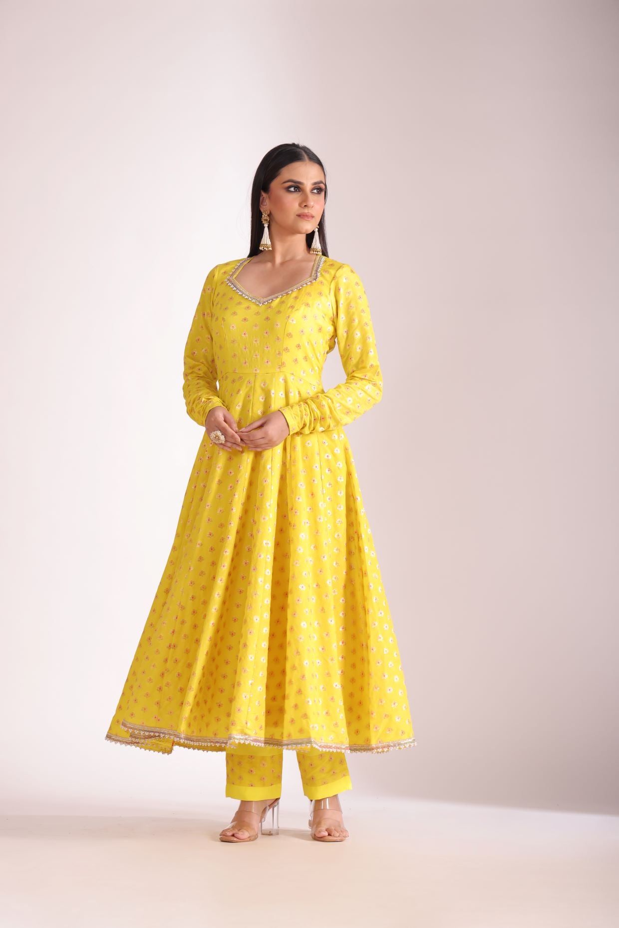 Noorika Yellow Silk Anarkali with pant and dupatta- set of 3