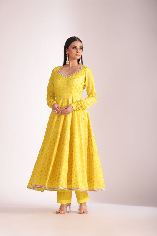 Noorika Yellow Silk Anarkali with pant and dupatta- set of 3