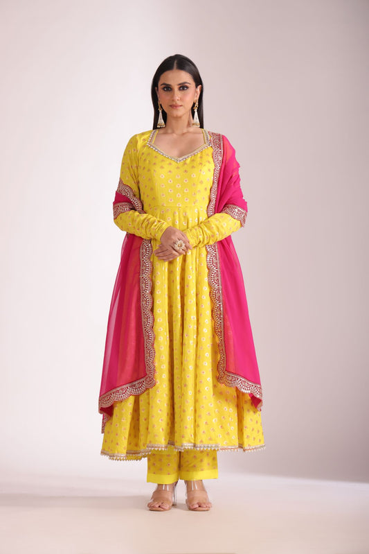 Noorika Yellow Silk Anarkali with pant and dupatta- set of 3