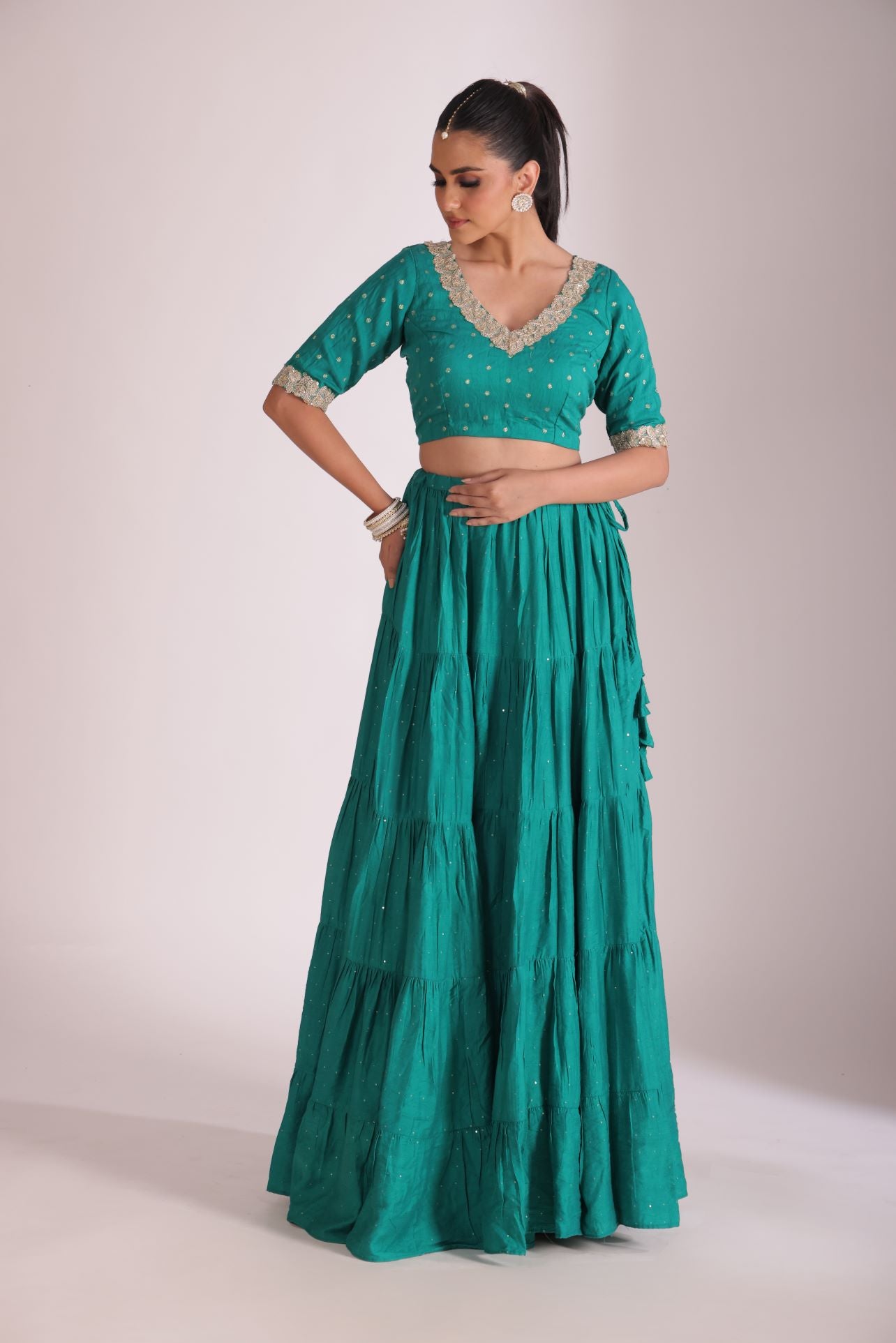 Mastani Teal Chanderi Blouse and Lehenga with dupatta- set of 3