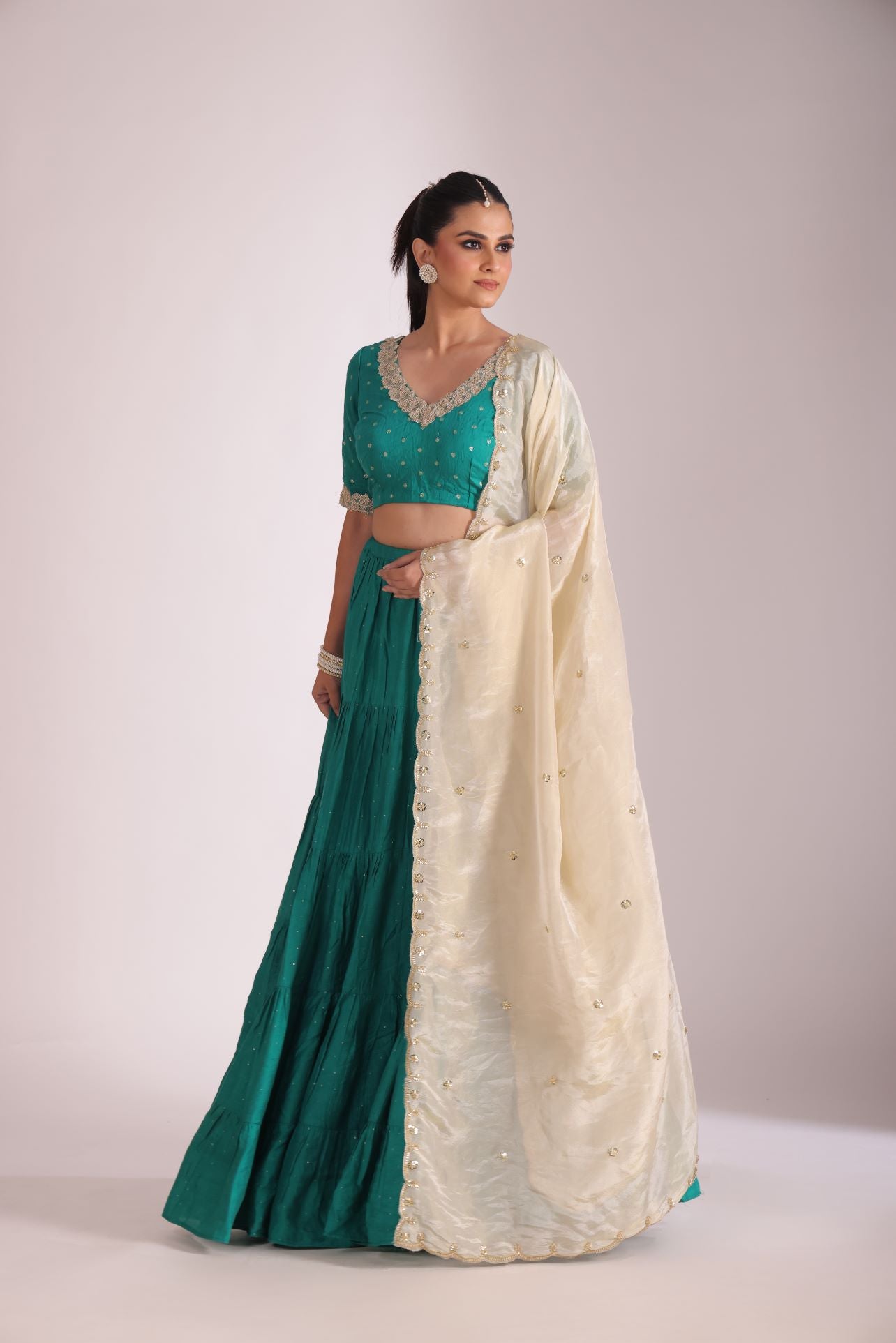 Mastani Teal Chanderi Blouse and Lehenga with dupatta- set of 3