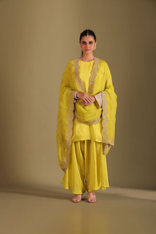 Jhalak Lime Kurta with Dhoti Pant and Dupatta- set of 3