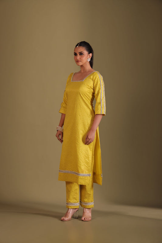 Noorika Yellow Silk Kurta with pant and dupatta- set of 3