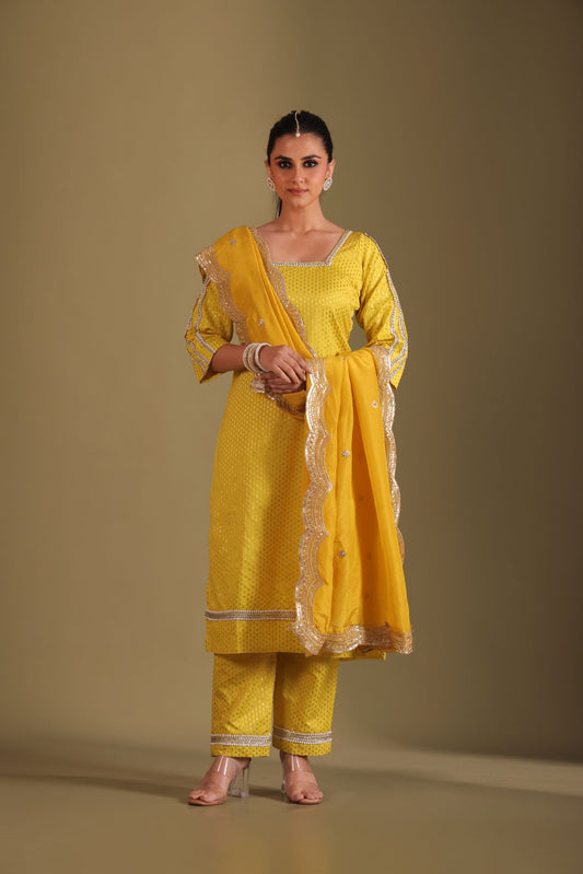 Noorika Yellow Silk Kurta with pant and dupatta- set of 3
