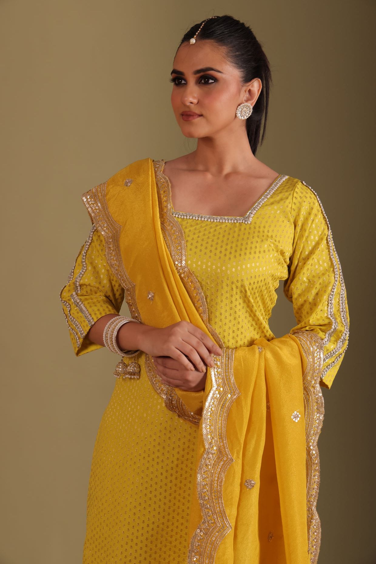 Noorika Yellow Silk Kurta with pant and dupatta- set of 3