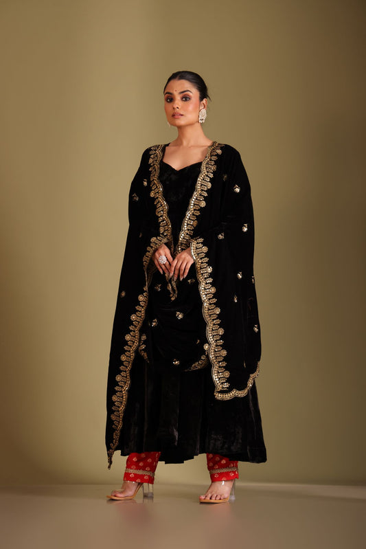 Noor-E-Zar Black Velvet Anarkali with Silk pants and Shawl - Set of 3