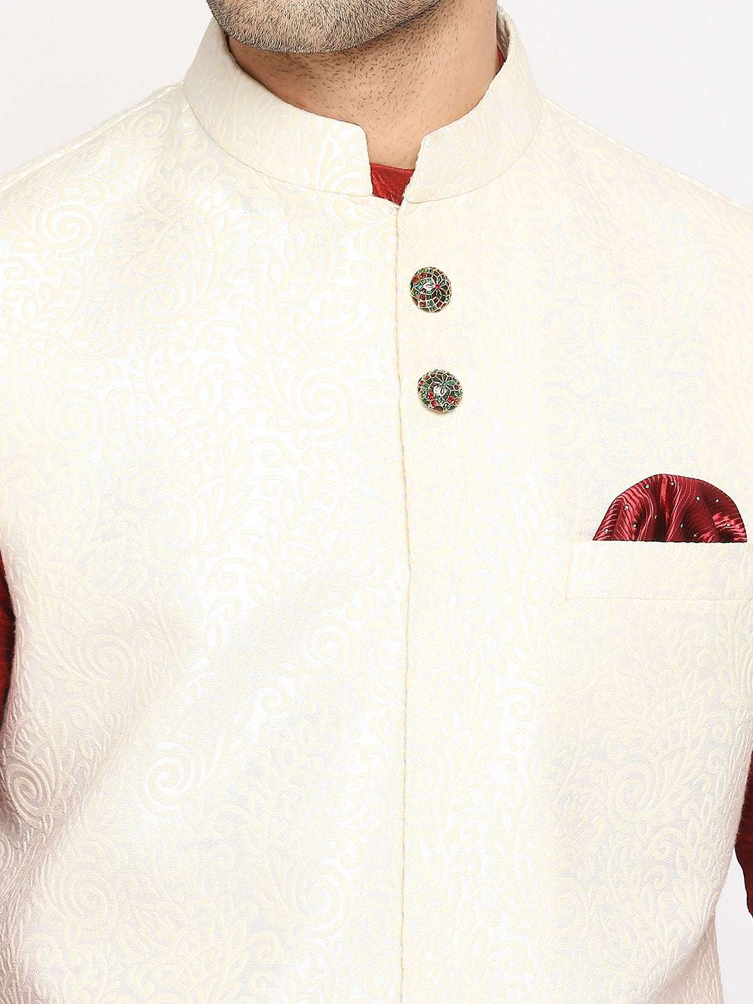 Off-White Jacquard Nehru Jacket  Set for Men
