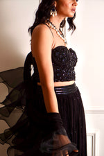 Load image into Gallery viewer, EVAA Black Corset and gathered lehenga
