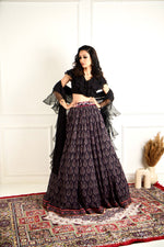 Load image into Gallery viewer, IMAARA black ruffled blouse and printed lehenga
