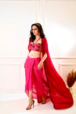 Load image into Gallery viewer, SHIRIN Maroon and pink Drape Skirt and Cape
