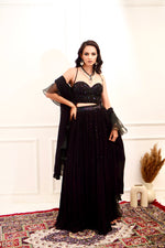Load image into Gallery viewer, EVAA Black Corset and gathered lehenga
