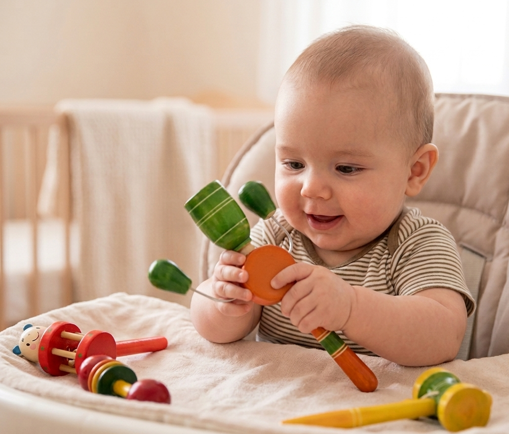 baby playing with a natural wood rattle