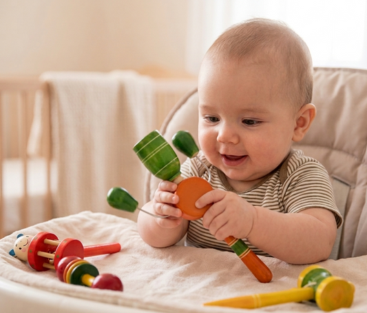 baby playing with a natural wood rattle