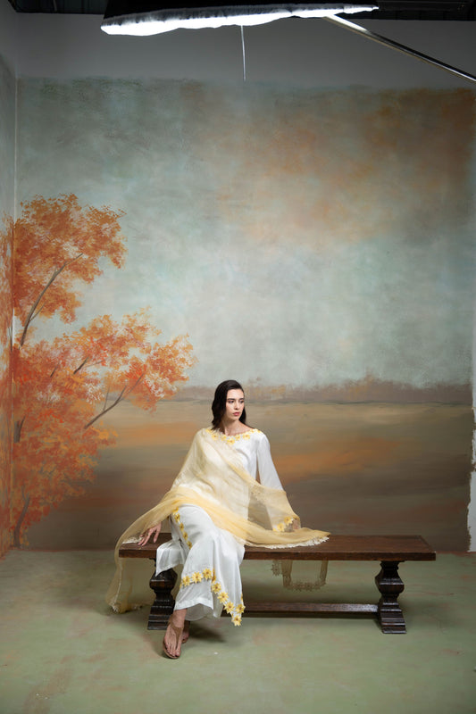 White & Yellow  Sunflower Embroidery Cotton Silk & Organza Kurta Set 3 Pcs