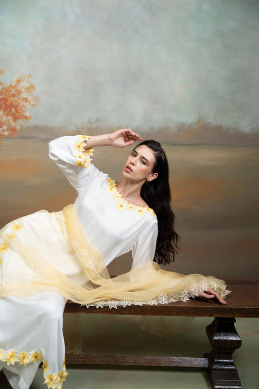 White & Yellow  Sunflower Embroidery Cotton Silk & Organza Kurta Set 3 Pcs