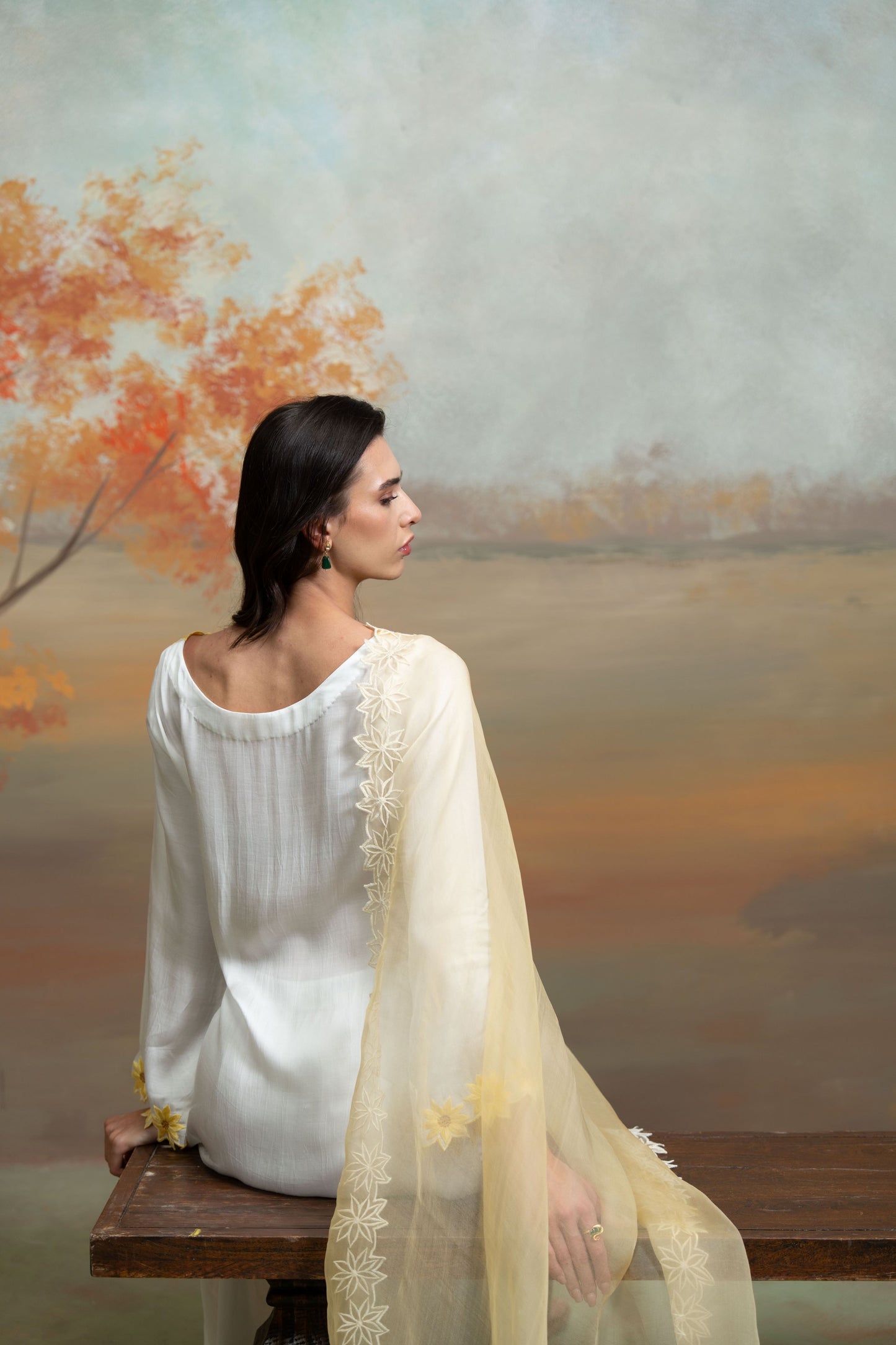 White & Yellow  Sunflower Embroidery Cotton Silk & Organza Kurta Set 3 Pcs