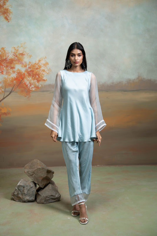 Powder Blue Lace & Organza Detailing Organza Peplum Set 2 Pcs