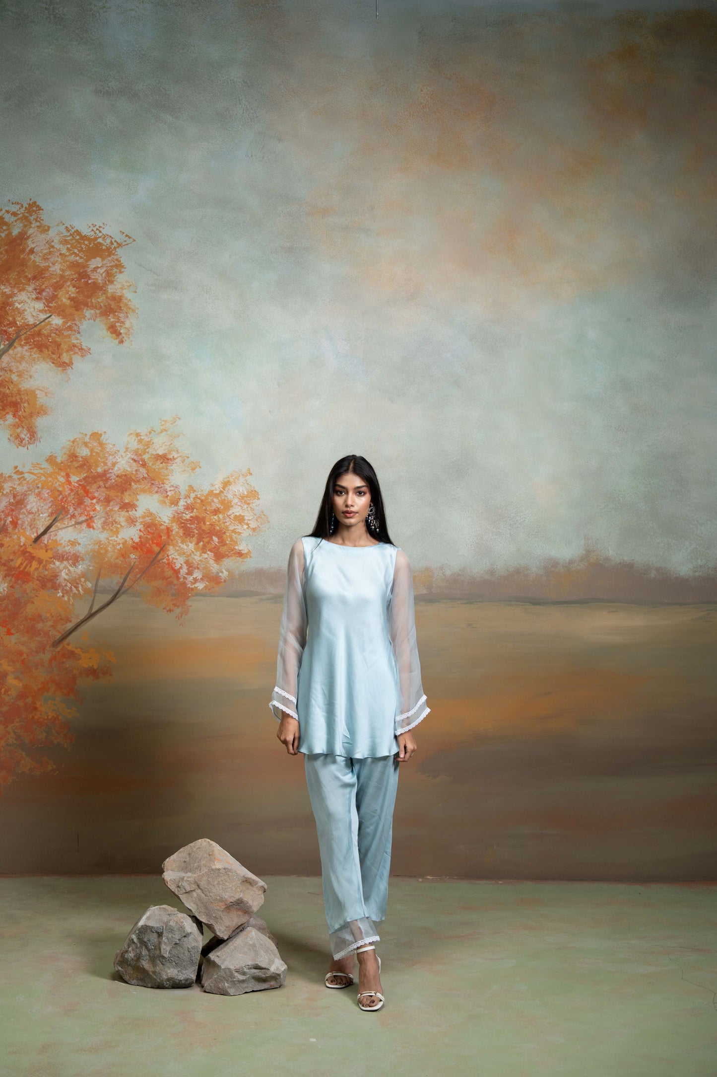 Powder Blue Lace & Organza Detailing Organza Peplum Set 2 Pcs