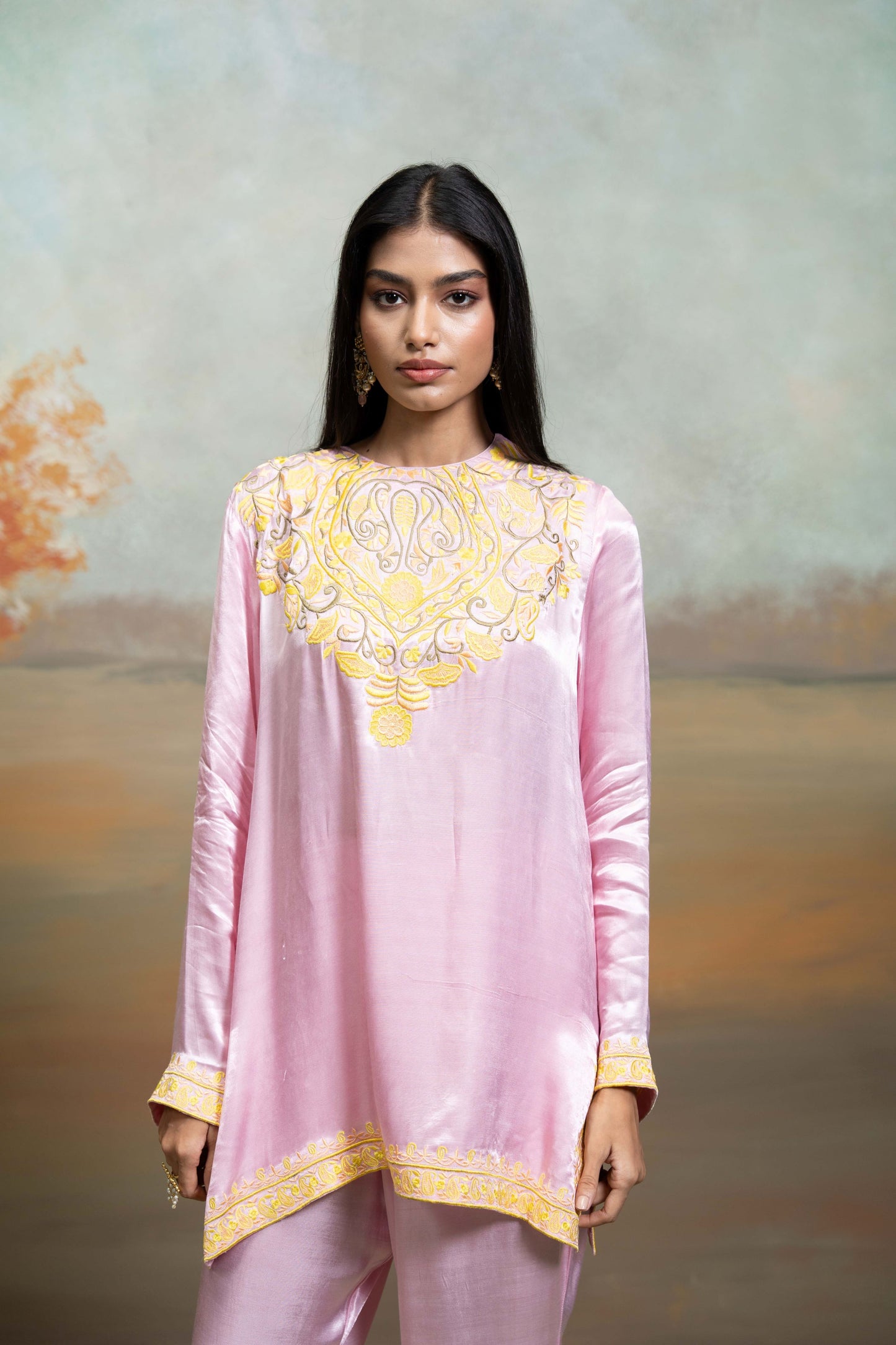 Pink Kashmiri Embroidery Cotton Silk Kurta 2 Pc