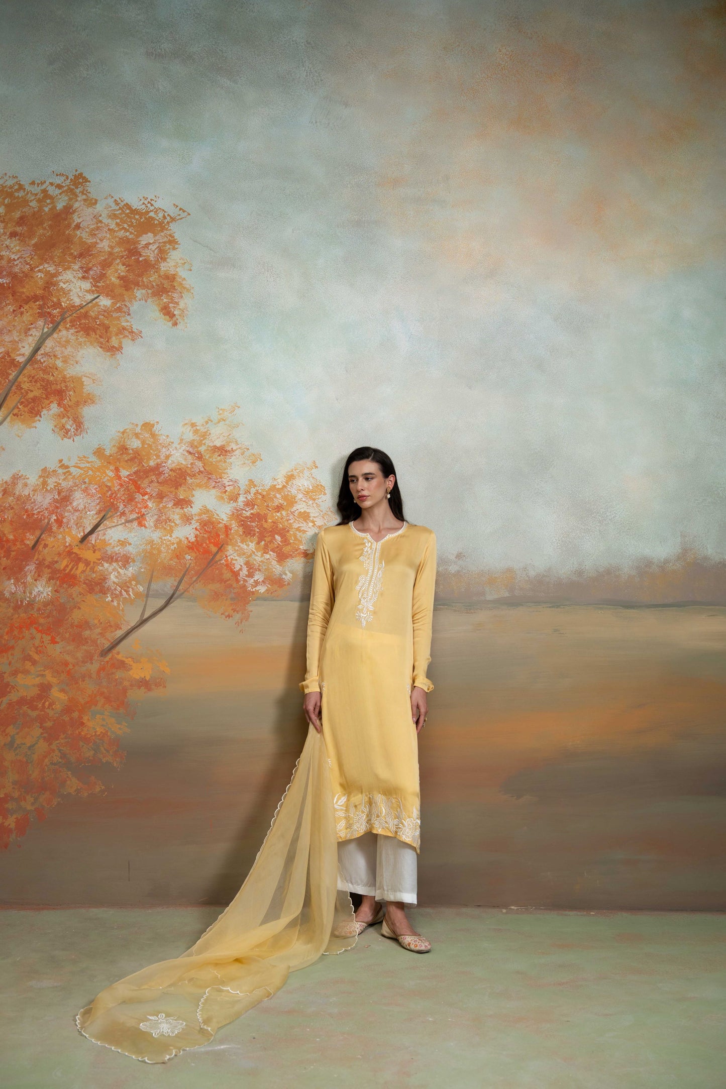 Yellow & White Embroidery Cotton Silk & Organza Kurta Set 3 Pcs