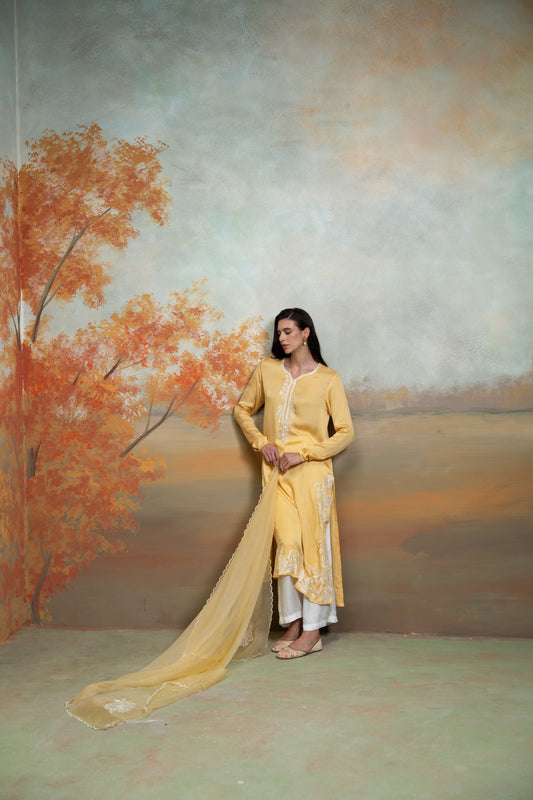 Yellow & White Embroidery Cotton Silk & Organza Kurta Set 3 Pcs