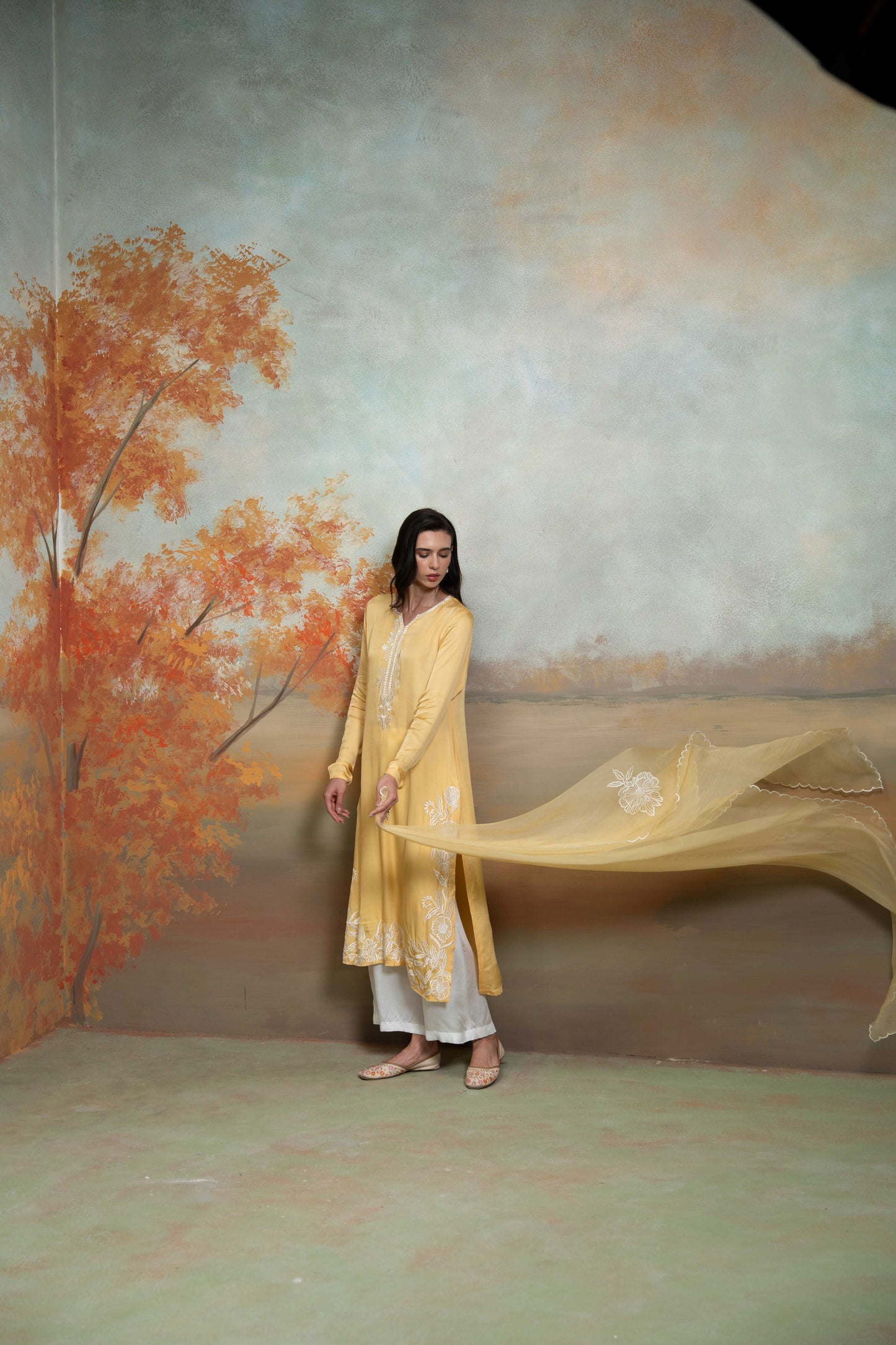 Yellow & White Embroidery Cotton Silk & Organza Kurta Set 3 Pcs