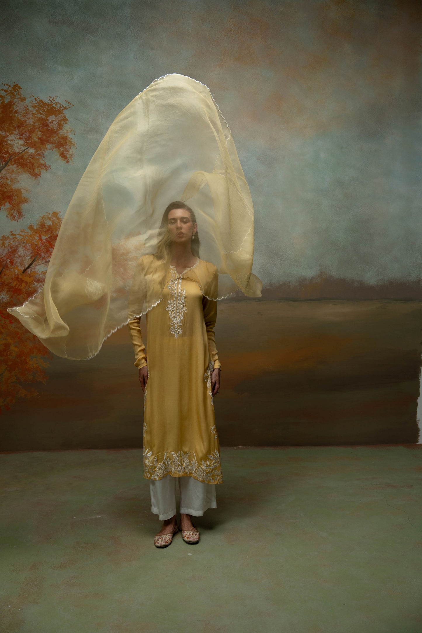 Yellow & White Embroidery Cotton Silk & Organza Kurta Set 3 Pcs