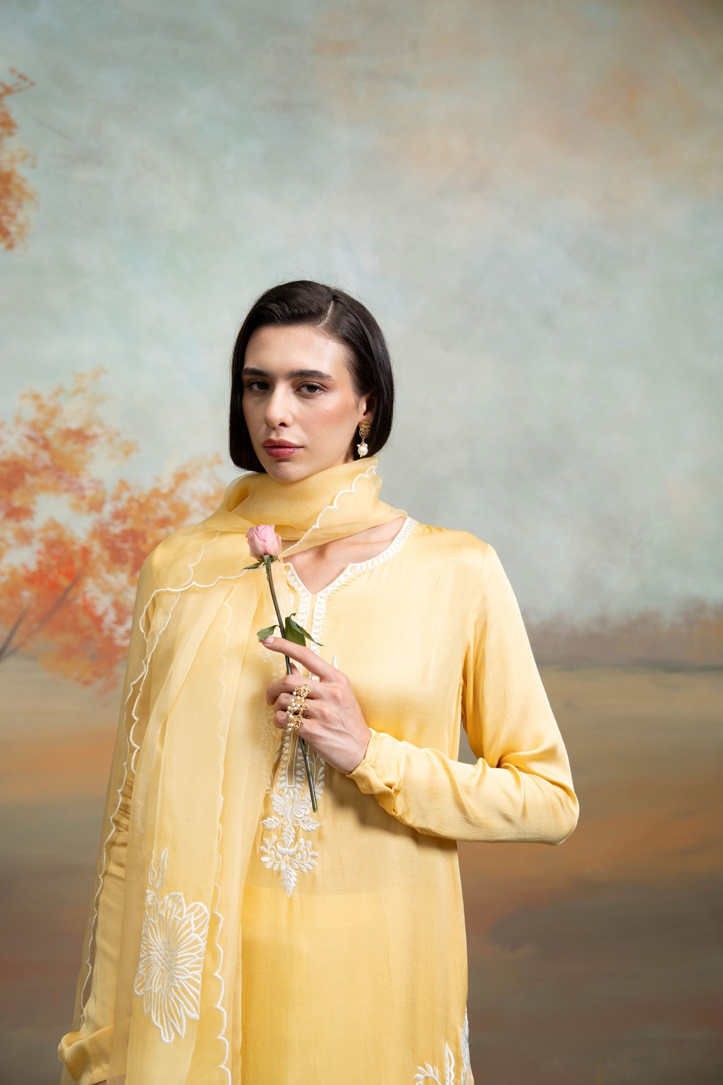 Yellow & White Embroidery Cotton Silk & Organza Kurta Set 3 Pcs