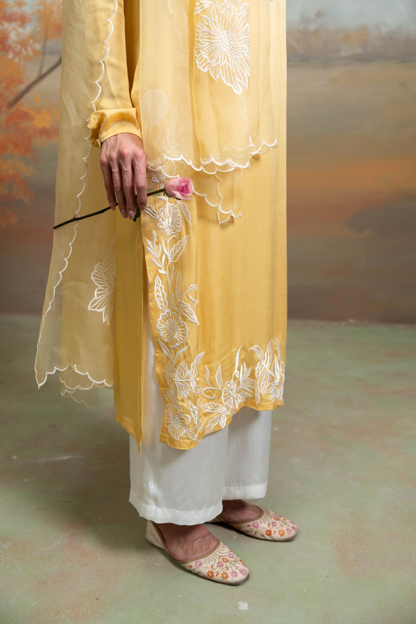 Yellow & White Embroidery Cotton Silk & Organza Kurta Set 3 Pcs