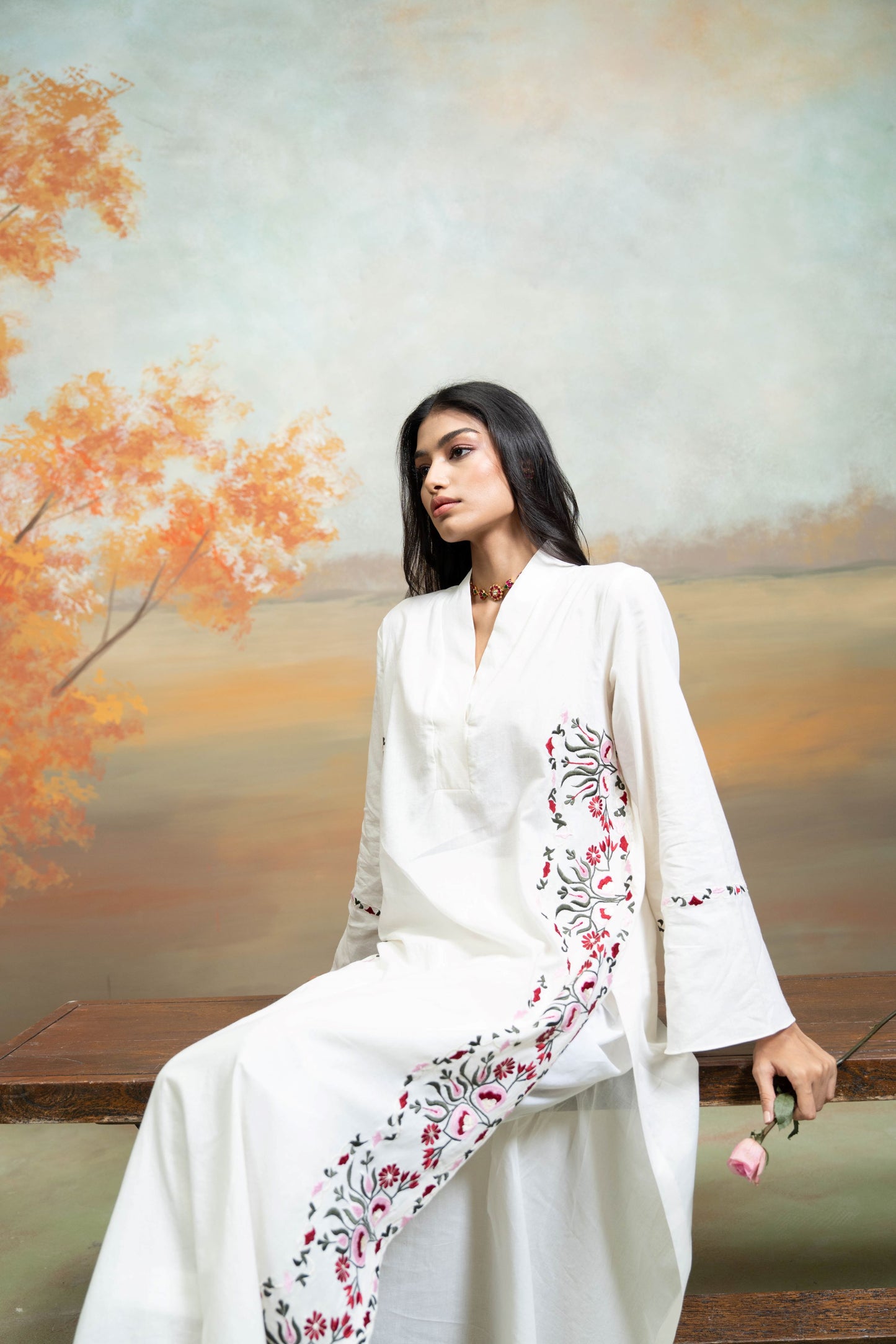 Off White Embroidery Cotton Silk Kurta 2 Pc