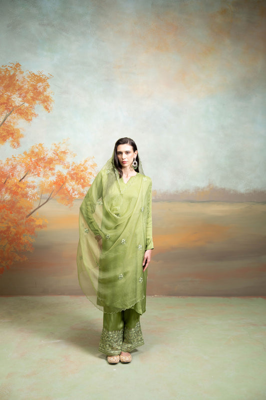 Green  Organza Detailing  Cotton Silk & Organza  Kurta Set -3 Pcs
