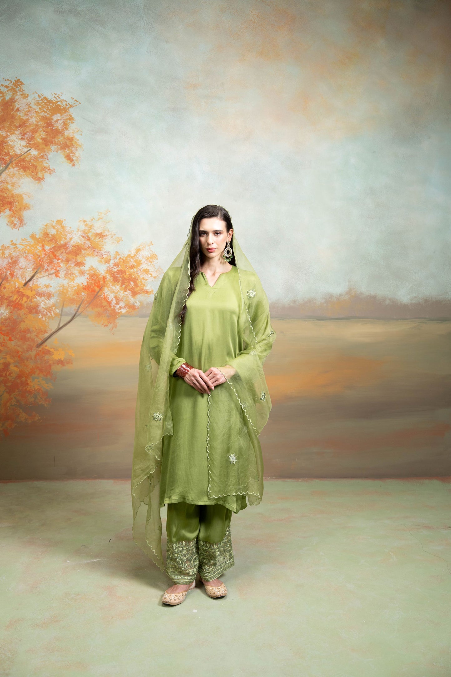 Green  Organza Detailing  Cotton Silk & Organza  Kurta Set -3 Pcs