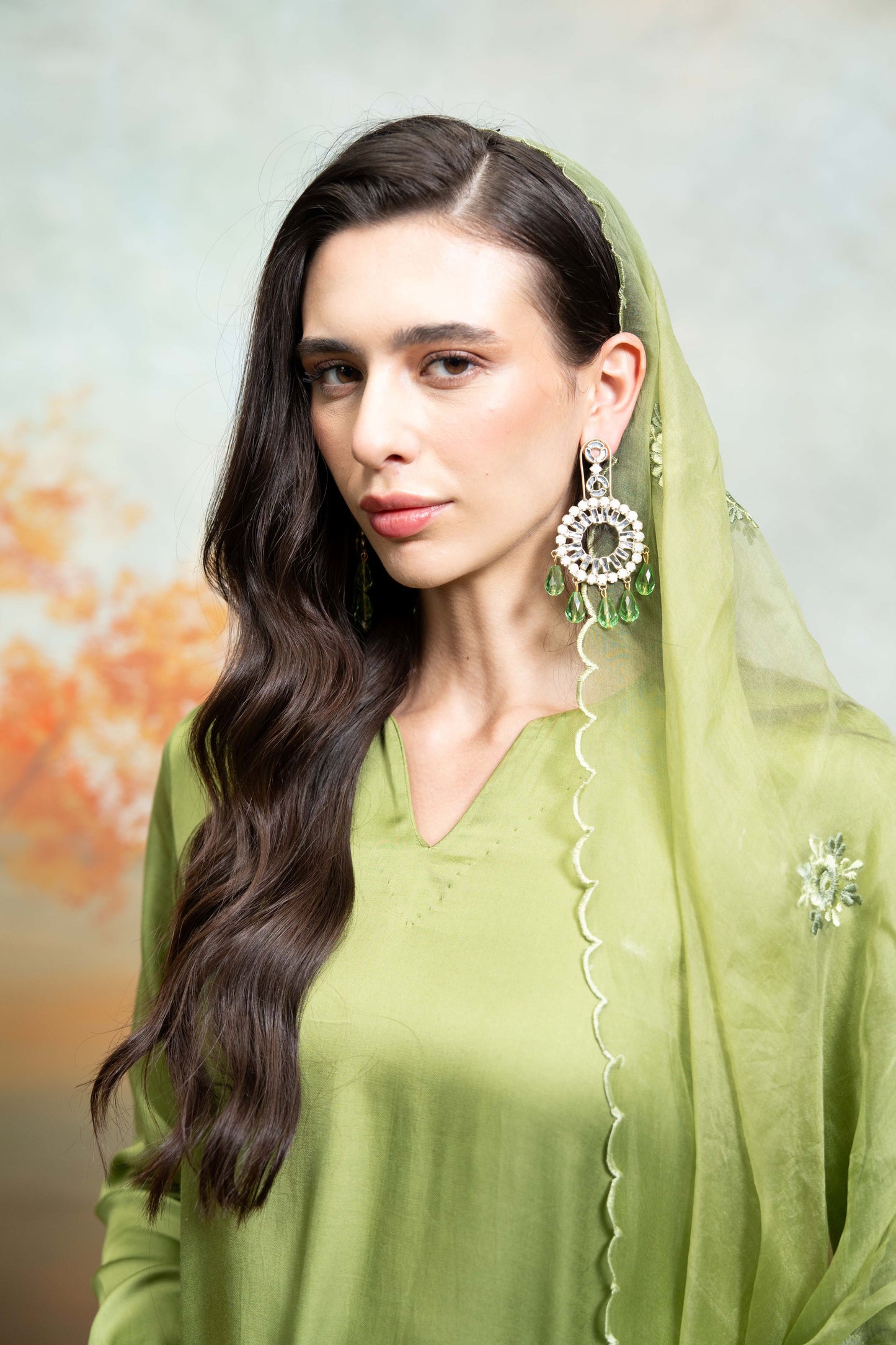 Green  Organza Detailing  Cotton Silk & Organza  Kurta Set -3 Pcs