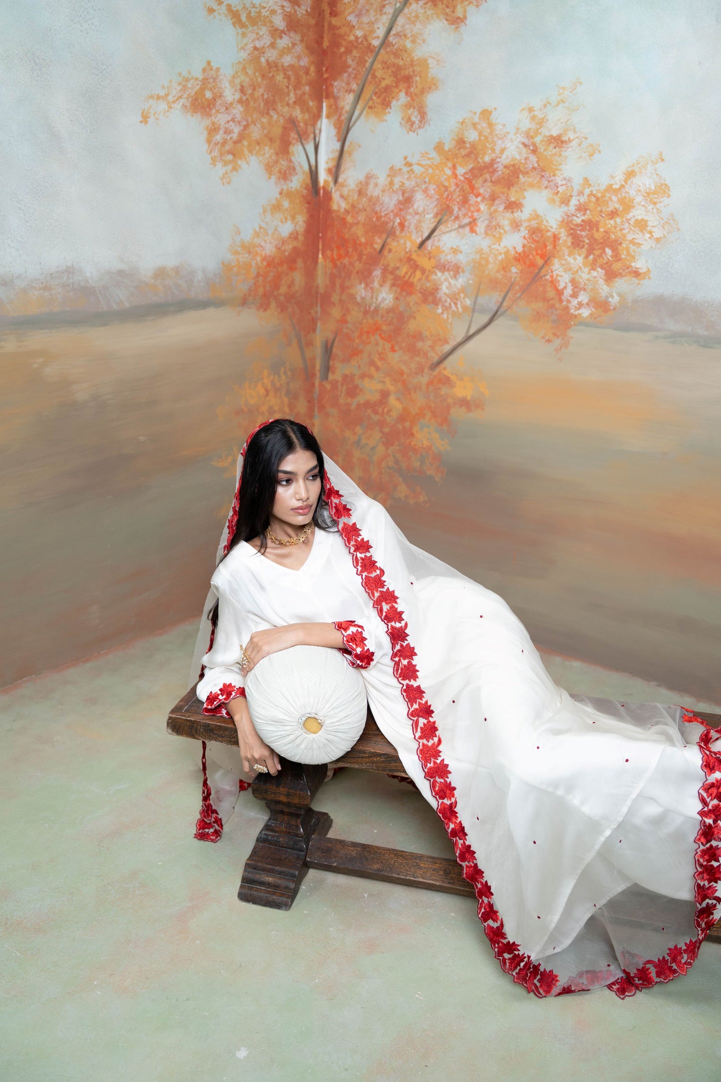 White & Red Floral Embroidery Cotton Silk & Organza Anarkali Set 3 Pcs