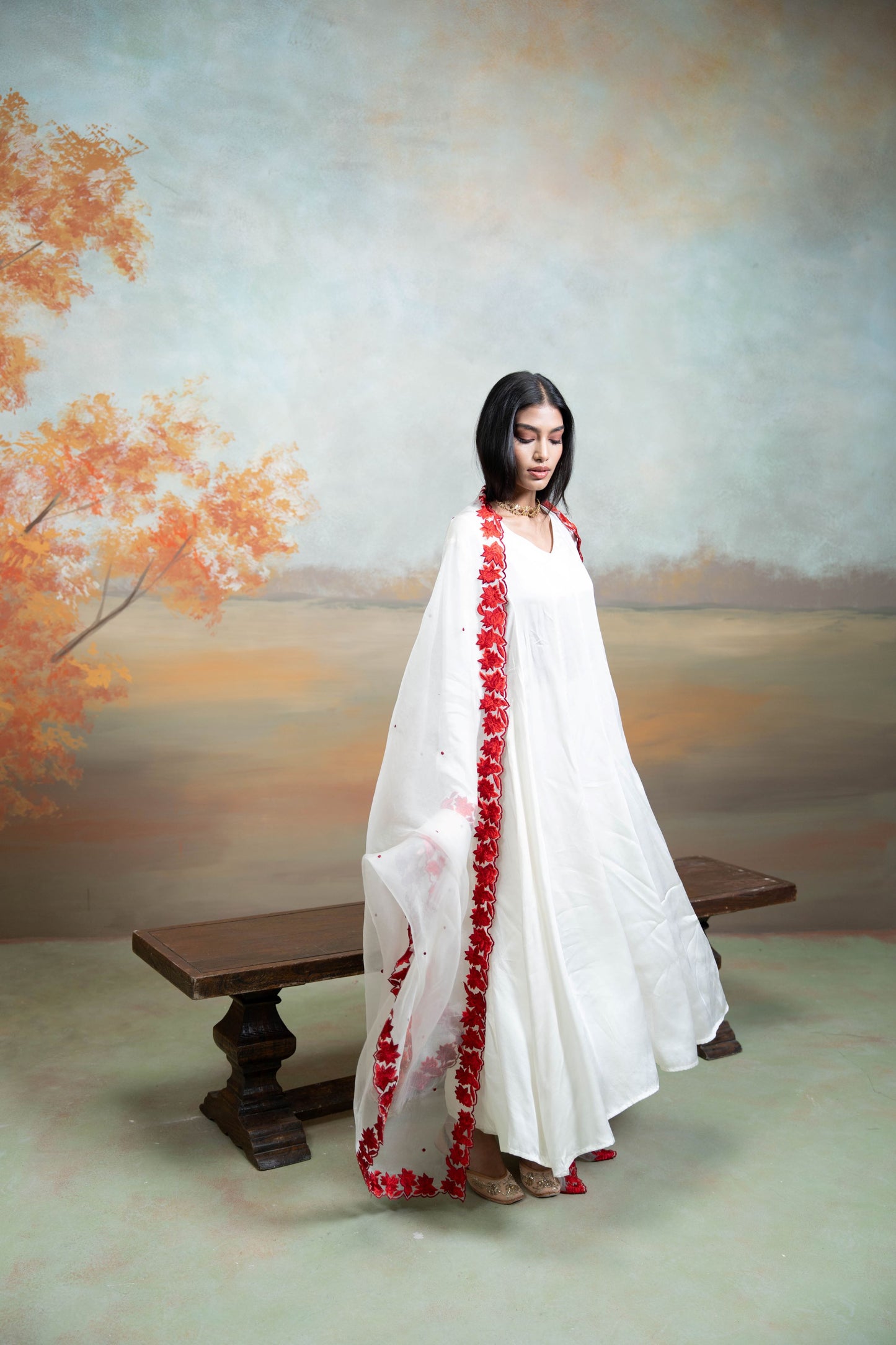 White & Red Floral Embroidery Cotton Silk & Organza Anarkali Set 3 Pcs