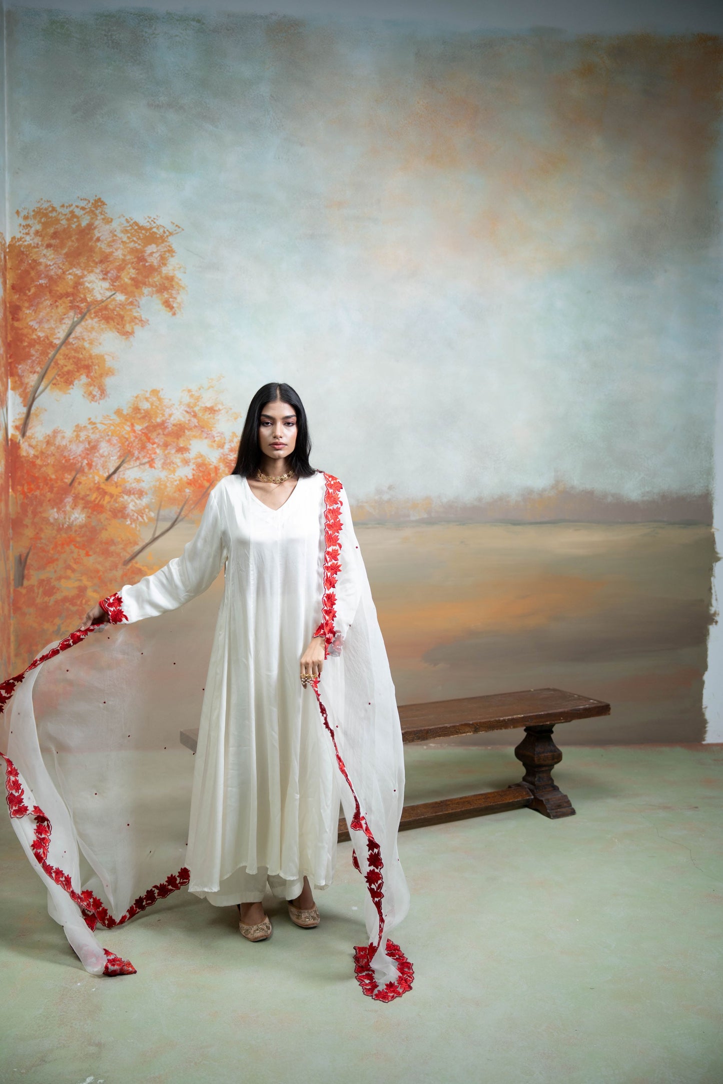 White & Red Floral Embroidery Cotton Silk & Organza Anarkali Set 3 Pcs
