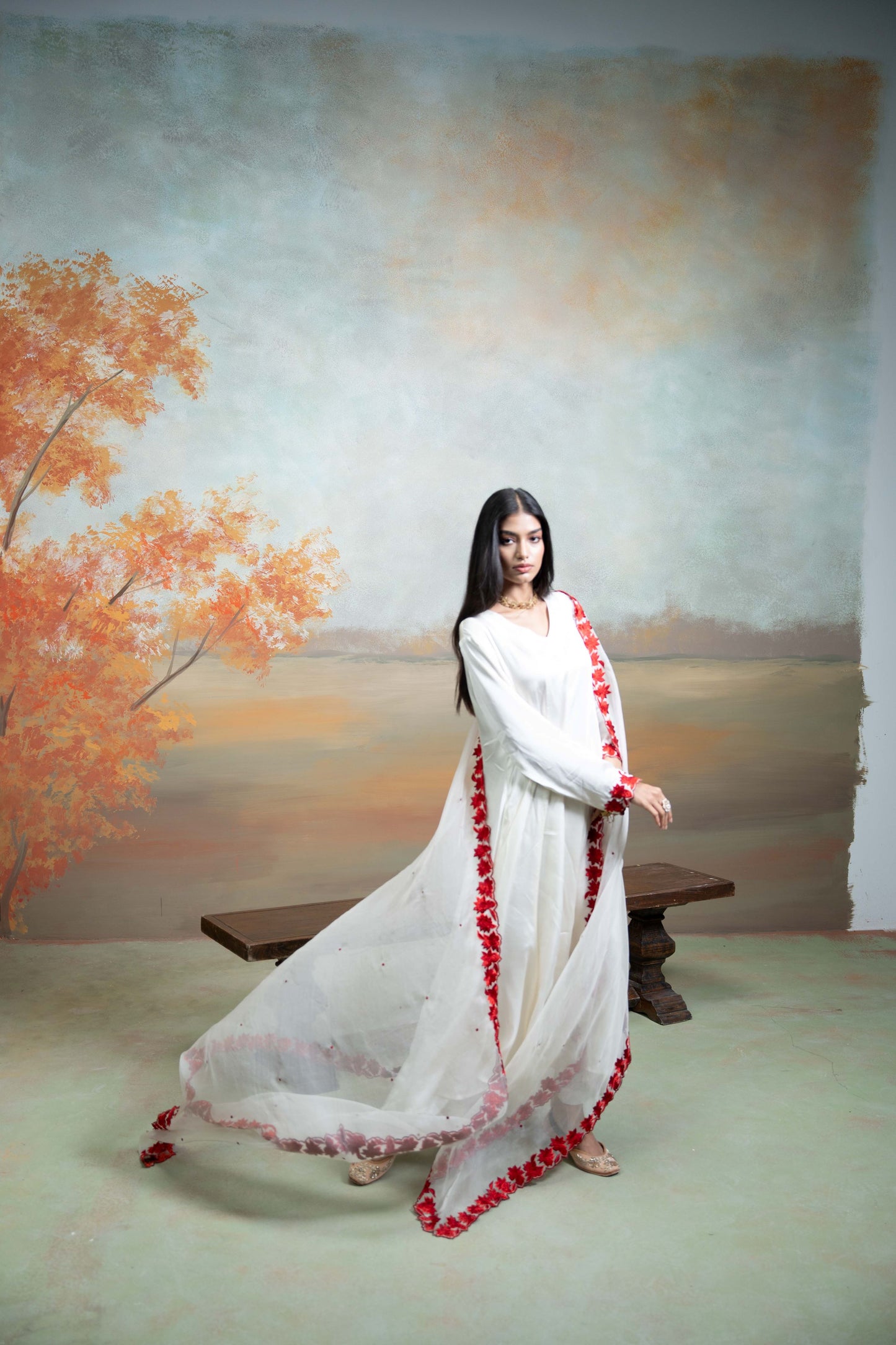 White & Red Floral Embroidery Cotton Silk & Organza Anarkali Set 3 Pcs