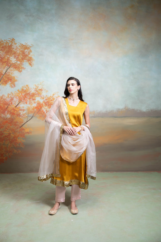 Yellow & Pink Textured Detailing Cotton Blend Anarkali Set  3 Pcs