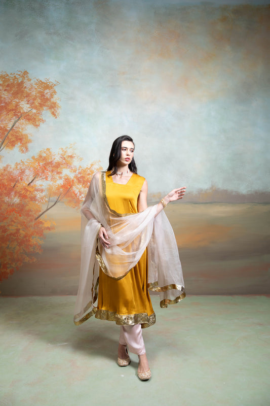 Yellow & Pink Textured Detailing Cotton Blend Anarkali Set  3 Pcs