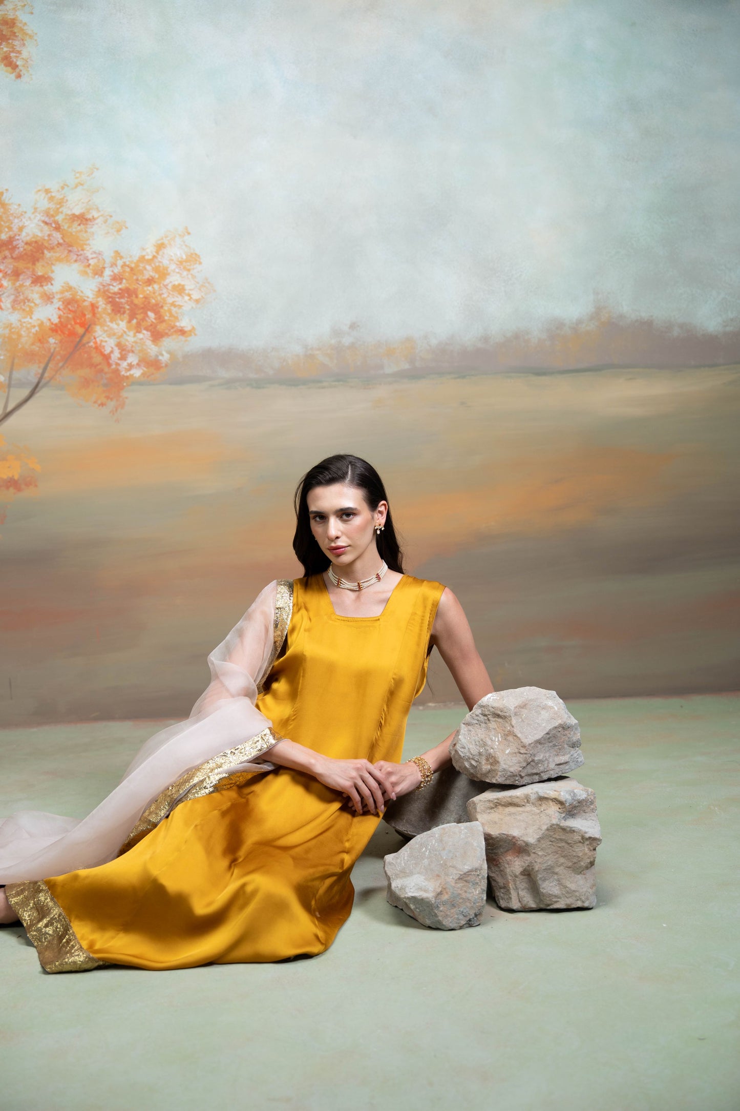 Yellow & Pink Textured Detailing Cotton Blend Anarkali Set  3 Pcs