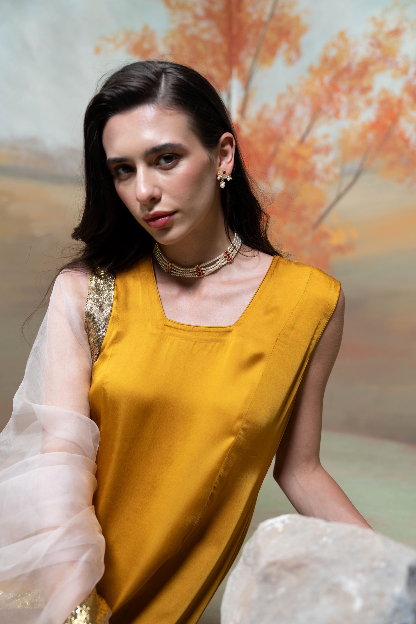 Yellow & Pink Textured Detailing Cotton Blend Anarkali Set  3 Pcs
