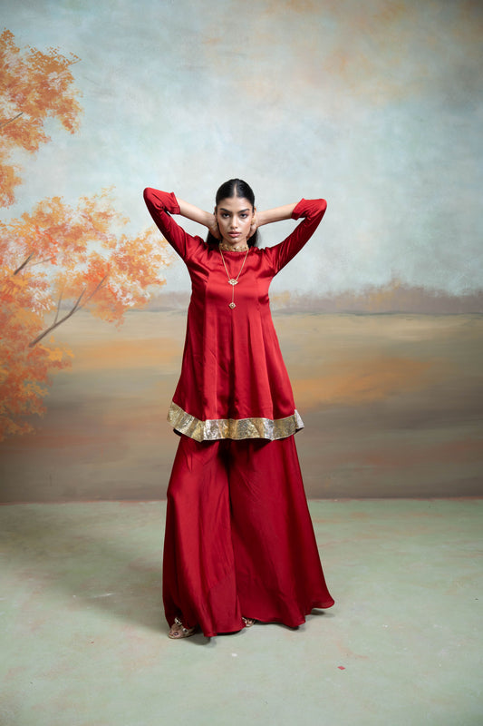 Maroon & Pink Pearl Lumps Detailing Georgette Peplum Gharara Set 3 Pcs