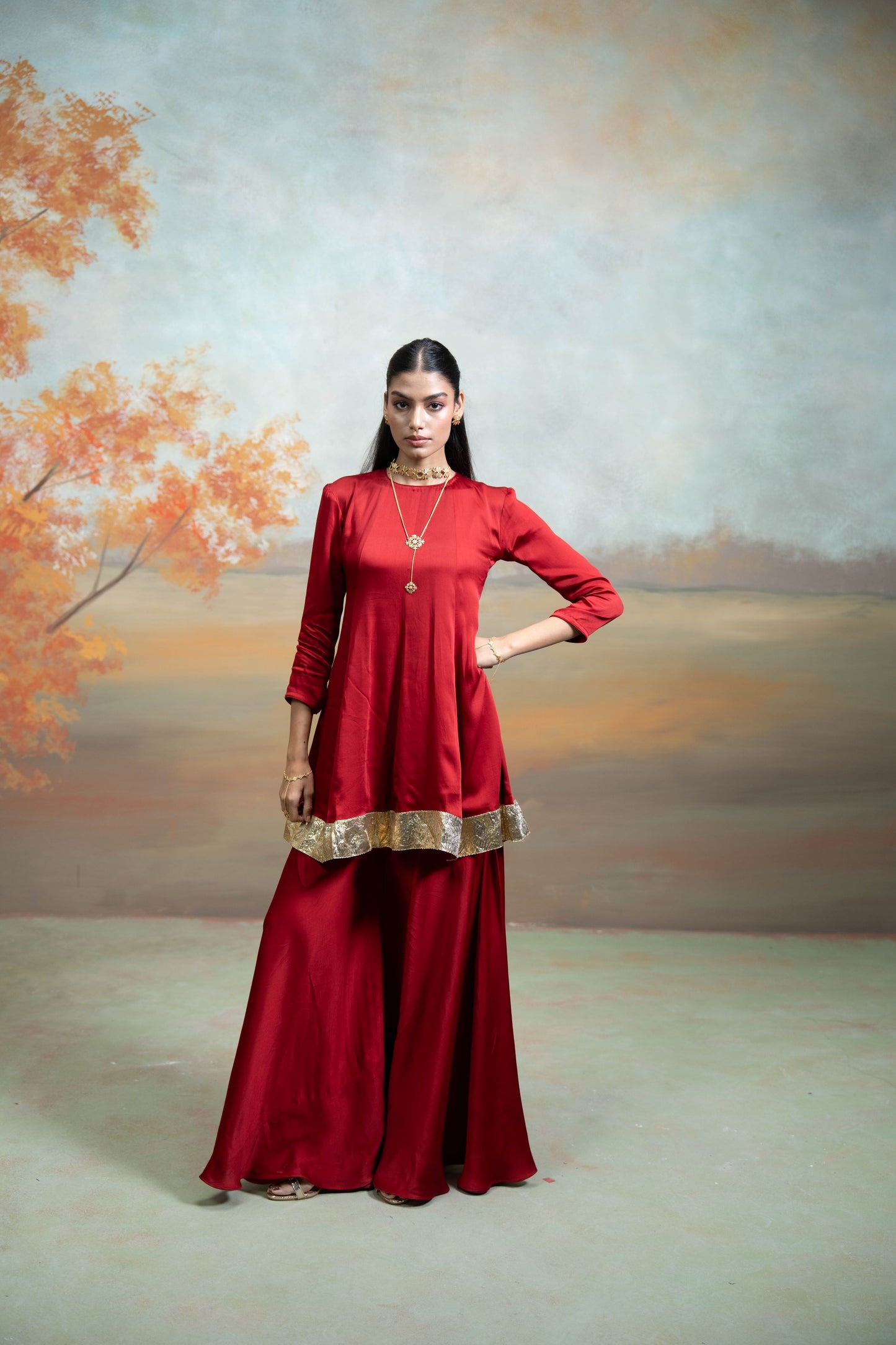 Maroon & Pink Pearl Lumps Detailing Georgette Peplum Gharara Set 3 Pcs