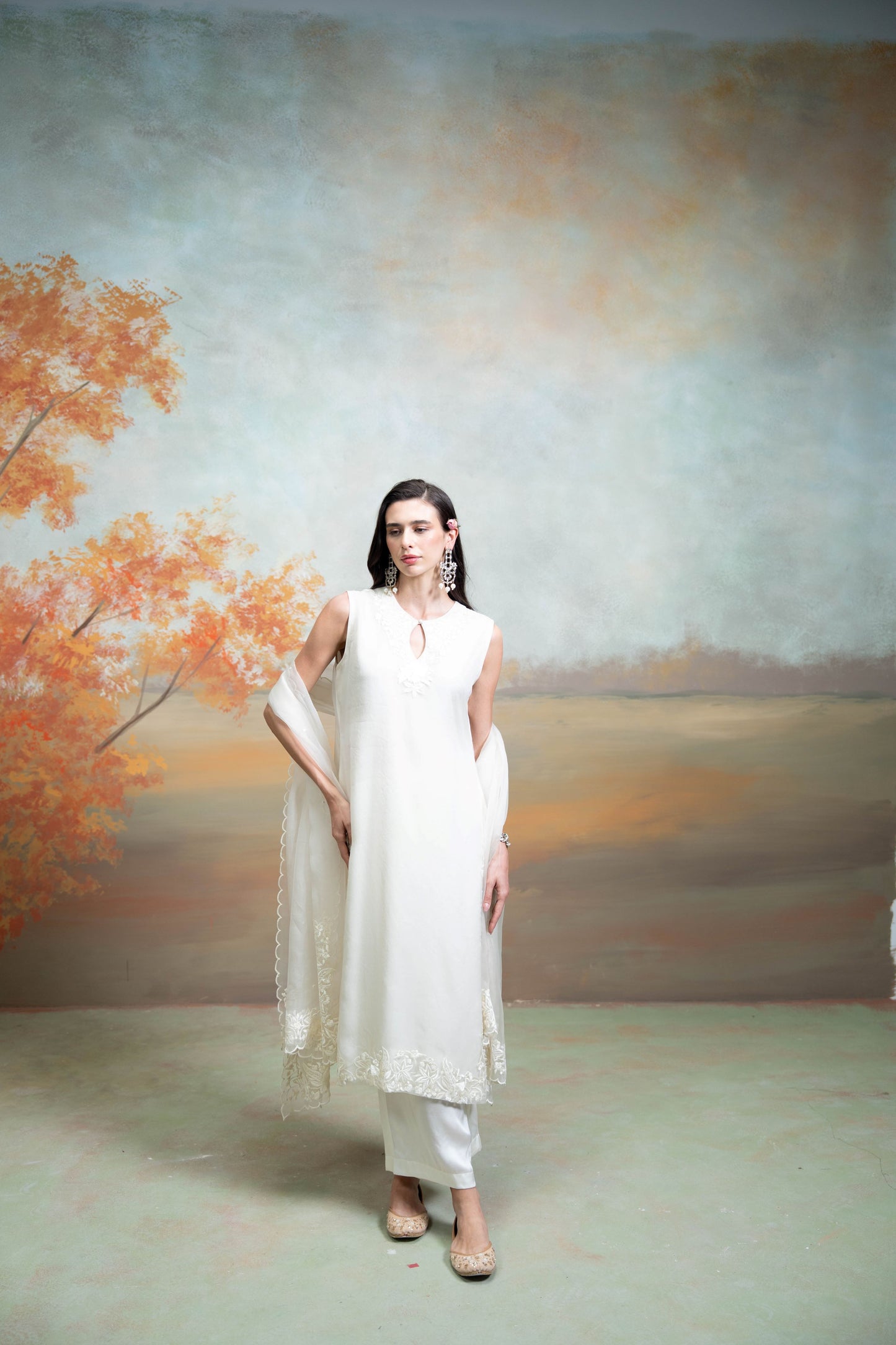 White Self Work Organza Kurta Set  3 Pcs