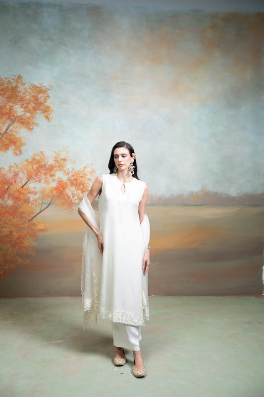 White Self Work Organza Kurta Set  3 Pcs