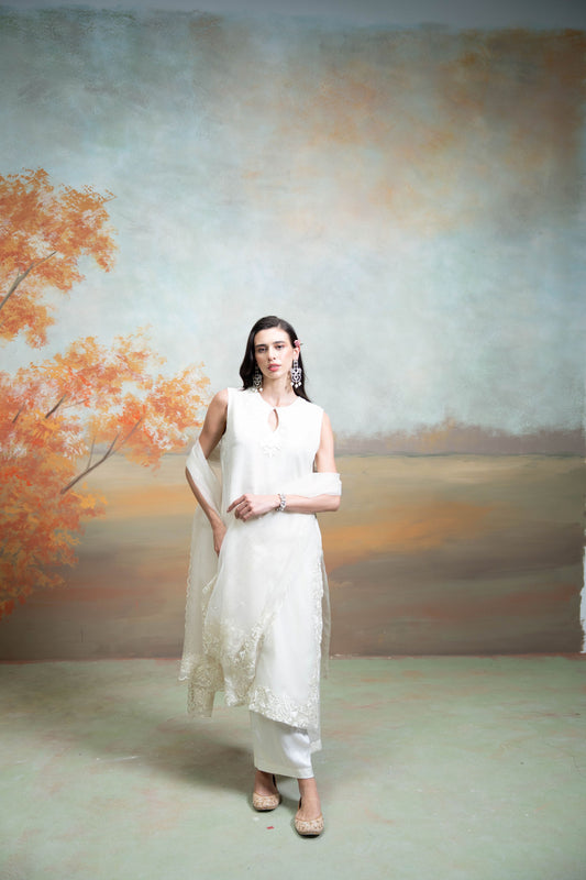 White Self Work Organza Kurta Set  3 Pcs