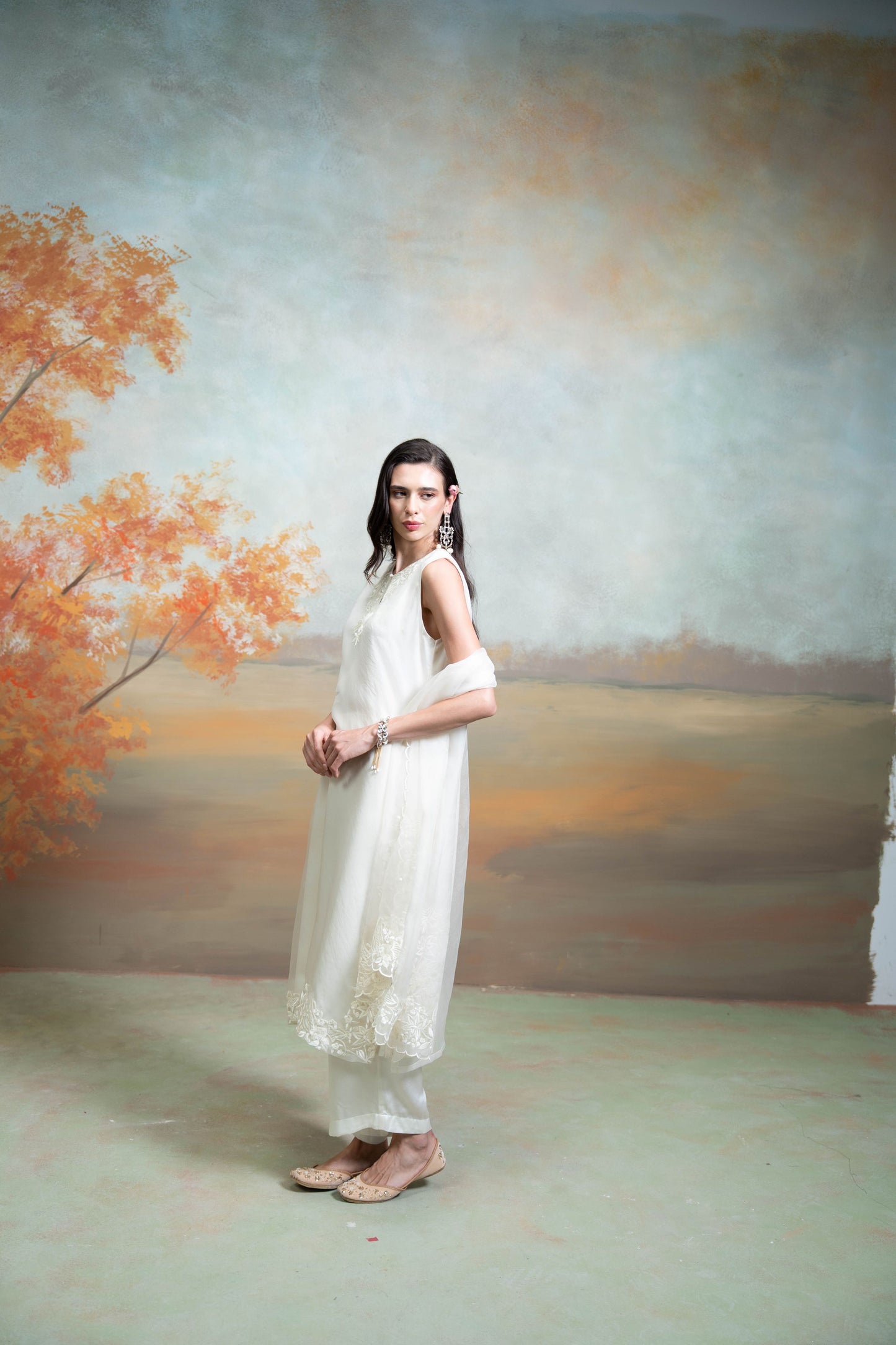 White Self Work Organza Kurta Set  3 Pcs